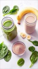 Overhead shot of two smoothies, banana, spinach leaves, and powder in a bowl on a white surface. Healthy eating and nutrition concept.