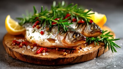Two fresh fish adorned with aromatic herbs and lemon slices, elegantly displayed on a wooden board, inviting a culinary escape to flavors of the sea and freshness.