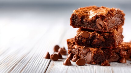 A tempting stack of rich chocolate brownies, garnished with chocolate chips, resting on a light wooden surface, evoking sweetness and indulgence for dessert lovers.
