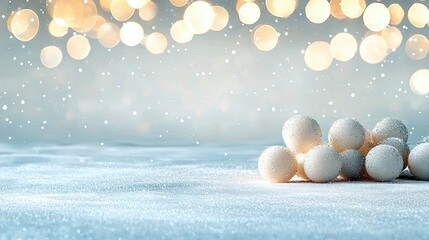 A winter scene with snowballs, snow, bokeh lights, and snowflakes. The image evokes a sense of winter and the holiday season.