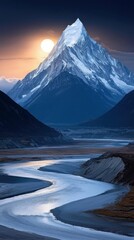 A majestic snow-covered mountain peak is bathed in the warm light of a setting sun, overlooking a winding river through a valley.