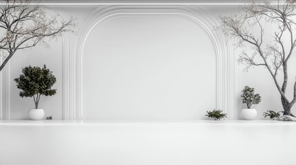 A modern minimalist interior with white walls, potted trees and plants, and an empty space. The design is clean and contemporary.