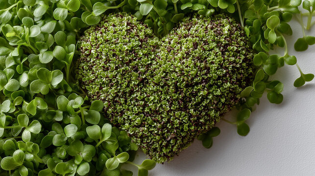 A heart-shaped arrangement made of green moss surrounded by small green plants. The scene emphasizes nature and environmental themes.