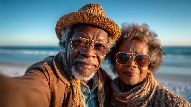A joyful senior couple smiles while taking a selfie at the beach, showcasing their love and happiness against the vibrant colors of the sunset sky by the ocean.