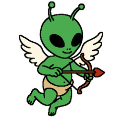Cute Alien Cupid with Bow and Heart Arrow Illustration 