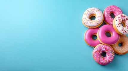 Colorful Donuts with Sprinkles on Blue Background Perfect for Dessert, Bakery, Food Photography, Sweet Treats, and Commercial Use in Stock Photography