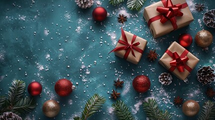 Minimal winter gift arrangement with turquoise background and space for captions and text