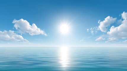 Serene Seascape Under Bright Sunlight with Soft Clouds Reflecting on Calm Water Surface, Evoking Peaceful and Tranquil Atmosphere for Relaxation