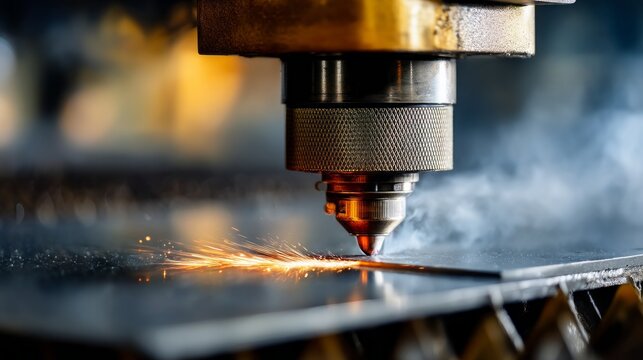 A laser cutter works on a metal sheet, generating bright sparks as it precisely slices through, showcasing the intricate details of industrial craftsmanship and technology