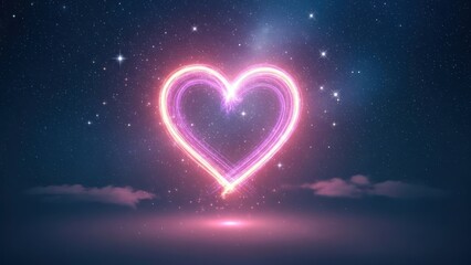 A glowing pink and purple heart floats in a starry cosmic sky above misty clouds.