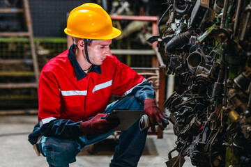 Technician Using Barcode Scanner and Tablet to Manage Auto Parts Inventory in Warehouse