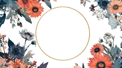 Elegant gold circular frame bordered by vibrant coral and deep blue flowers with diverse foliage on a clean white background.