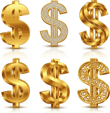 Create a kinds of deferent luxurious 3d gold dollar sign Vector art with white background.