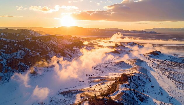 Aerial view of snow-covered mountains with clouds illuminated by a golden sunset. The sun's rays create a warm, peaceful atmosphere.