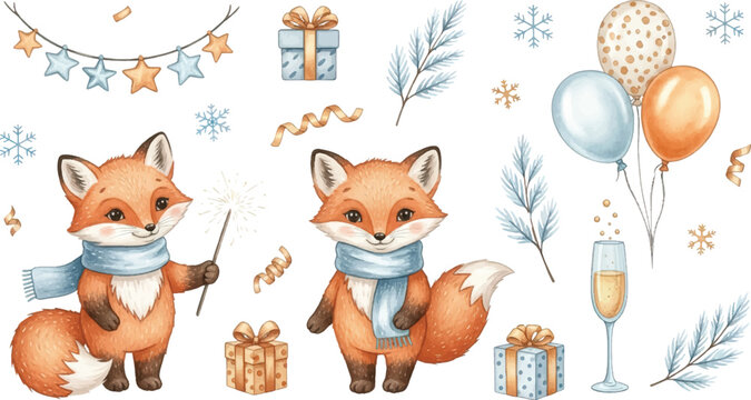 Cute Baby Winter Fox New Year Watercolor Elements Collection, Festive Animal Clipart, Holiday Celebration Illustration Set