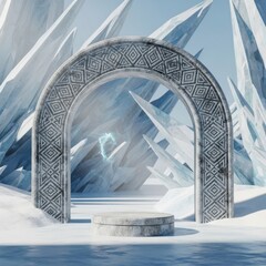 Mystical portal framed by frozen landscape invites exploration into icy realms