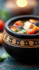 Close-up of a bowl of soup with visible ingredients, set against a blurred background with soft lighting.