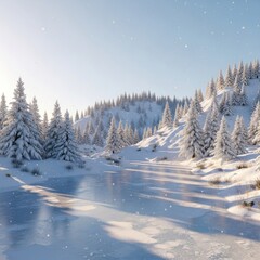 Serene winter landscape with snow-covered trees and partially frozen water surface