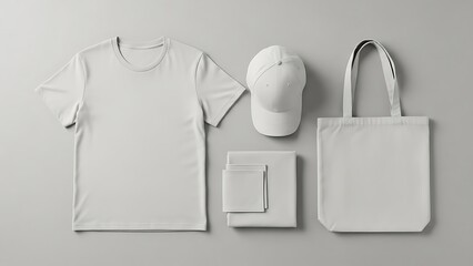 Blank white t-shirt, baseball cap, and tote bag mockups on a neutral grey studio background, ideal for branding, advertising, and merchandise design.