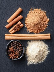 Overhead shot of various spices and herbs, including cinnamon sticks, star anise, peppercorns, and ground spices, arranged on a dark surface.
