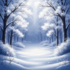 Serene frosted forest pathway radiating a soft, ethereal glow in wintertime