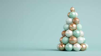 Minimalist Christmas Tree Made of Mint Green and Golden Ornaments on a Cyan Background