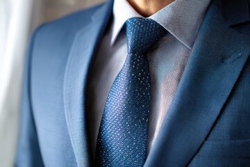 Cropped shot of Caucasian middle aged man wearing blue suit and tie standing in office room. Close-up formalwear with necktie. Confident businessman classic blue suit. Wedding day, business clothes.