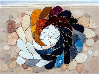 A colorful spiral pattern created with stones arranged on sand, showcasing a variety of textures and hues, with a serene desert backdrop.