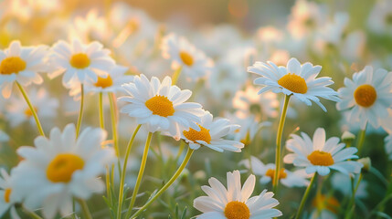 Beautiful white daisy flowers glowing under the warm sunlight on a bright, peaceful day.