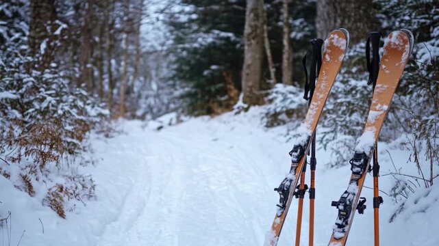 Two sets of cross-country skis placed on a snowy trail in the woods.