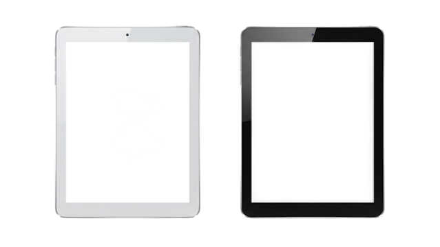 Two digital tablets, one with black ink splatters on white screen and one with blank white screen, isolated on white or transparent background. PNG