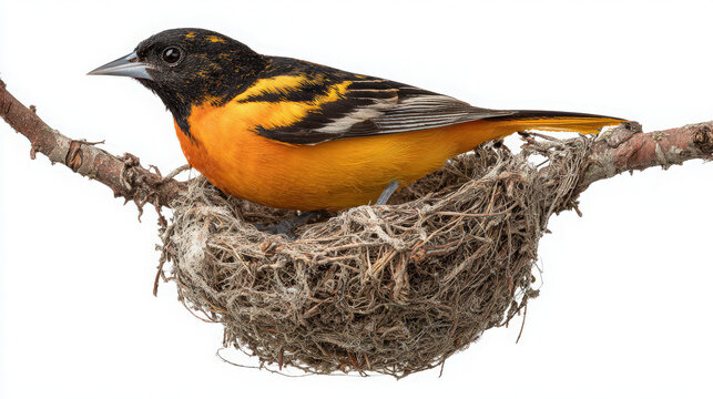 baltimore oriole on nest isolated against white background