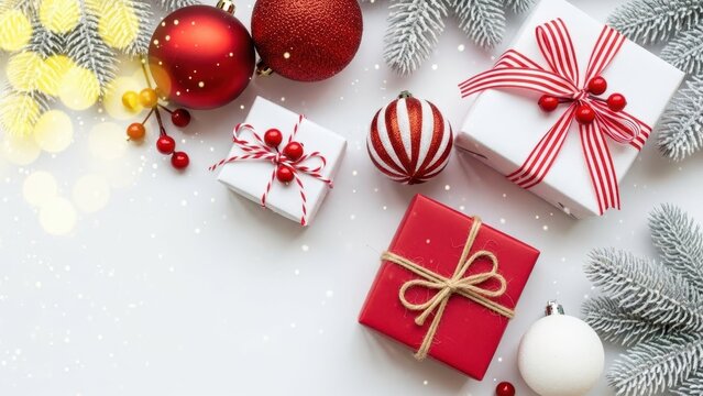 Festive Gifting: An inviting scene featuring wrapped gifts and Christmas ornaments, evoking the warmth and anticipation of the holiday season.