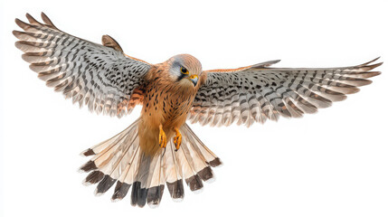 Fototapeta premium common kestrel hovering over white background