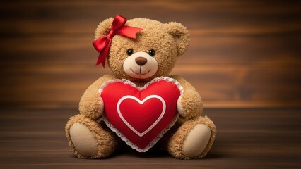 A charming brown teddy bear with a red bow, holding a plush red heart on a wooden floor.
