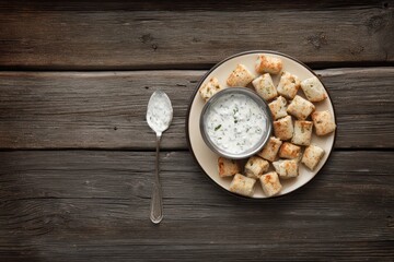 Overhead View of Appetizers with Creamy Dip and Silver Spoon on Rustic Wooden Surface