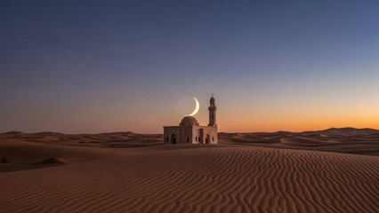 A solitary white mosque in the desert with a crescent moon glowing in the twilight sky above sand dunes.