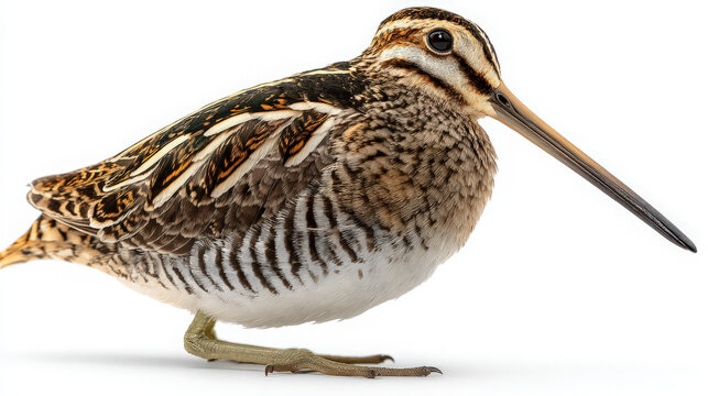 common snipe with long beak on white background