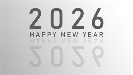 Happy 2026 New Year greeting displays grey minimalist text with a subtle reflection on a bright gradient background