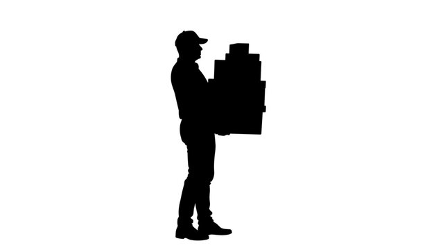 Delivery worker carrying stacked boxes in silhouette  