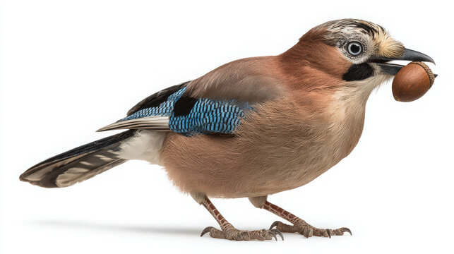 eurasian jay holding acorn on white background - Powered by Adobe