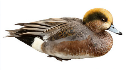 eurasian wigeon with chestnut head swimming on isolated white background