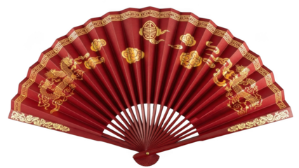 Ornate red folding fan with gold embellishments