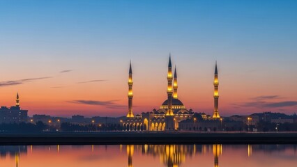 The illuminated Akhmad Kadyrov Mosque in Grozny, Russia, reflected in water against a vibrant sunset sky.
