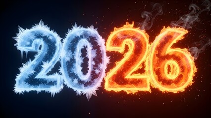 The year 2026 represented by numbers made of fire and ice isolated on white background