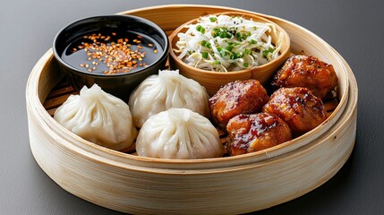 Close-up of a bamboo steamer filled with dumplings, sauce, and other appetizers, showcasing Asian cuisine.