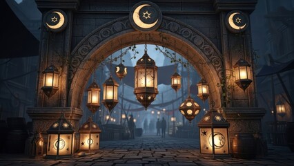 Mystical Stone Archway with Glowing Crescent Moon Lanterns in a Fantasy Marketplace