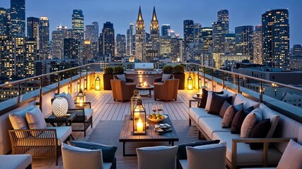 Urban Oasis: A luxurious rooftop terrace provides an escape with comfortable seating and a stunning skyline view. The scene evokes a sense of peace and relaxation.
