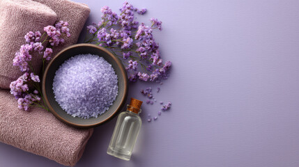 Overhead Shot of Lavender Spa Scene with Towels Salts Oil and Purple Flowers