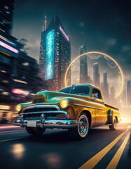 Obraz premium Pick up des années 1950 roulant dans un paysage urbain